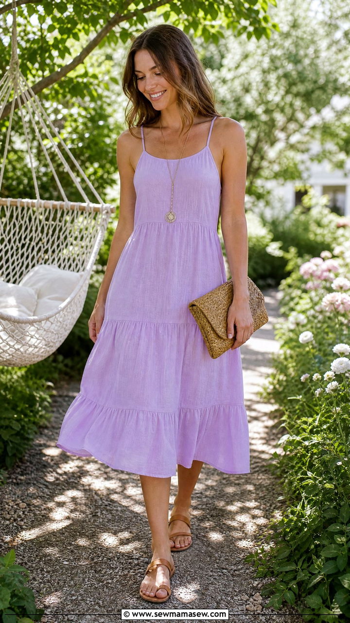 Tiered Midi Sundress with Flat Leather Sandals - 30 Summer cottage outfits