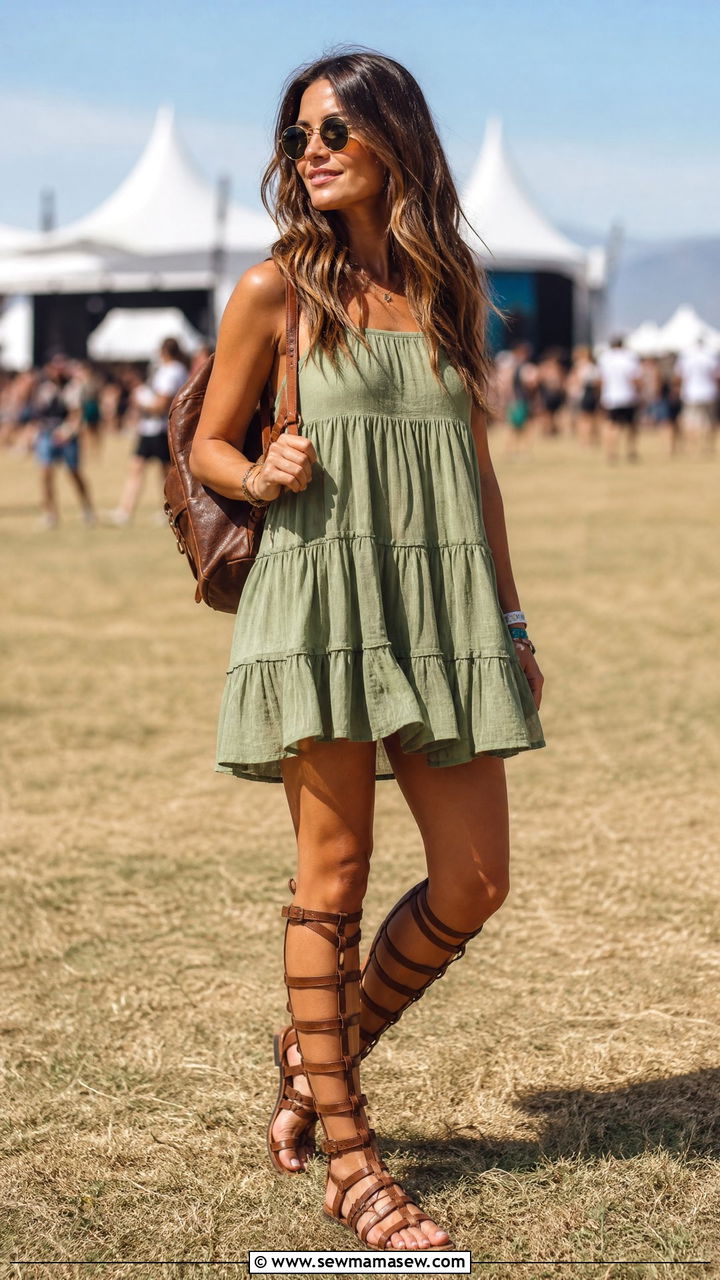 Tiered Mini Dress With Knee High Gladiator Sandals - 25 How to style gladiator sandals