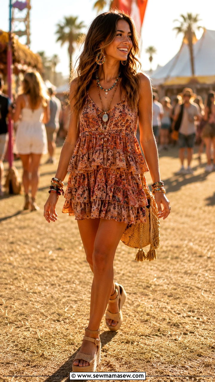 Tiered Mini Dress With Platform Sandals - 30 Classic mini dress outfit ideas
