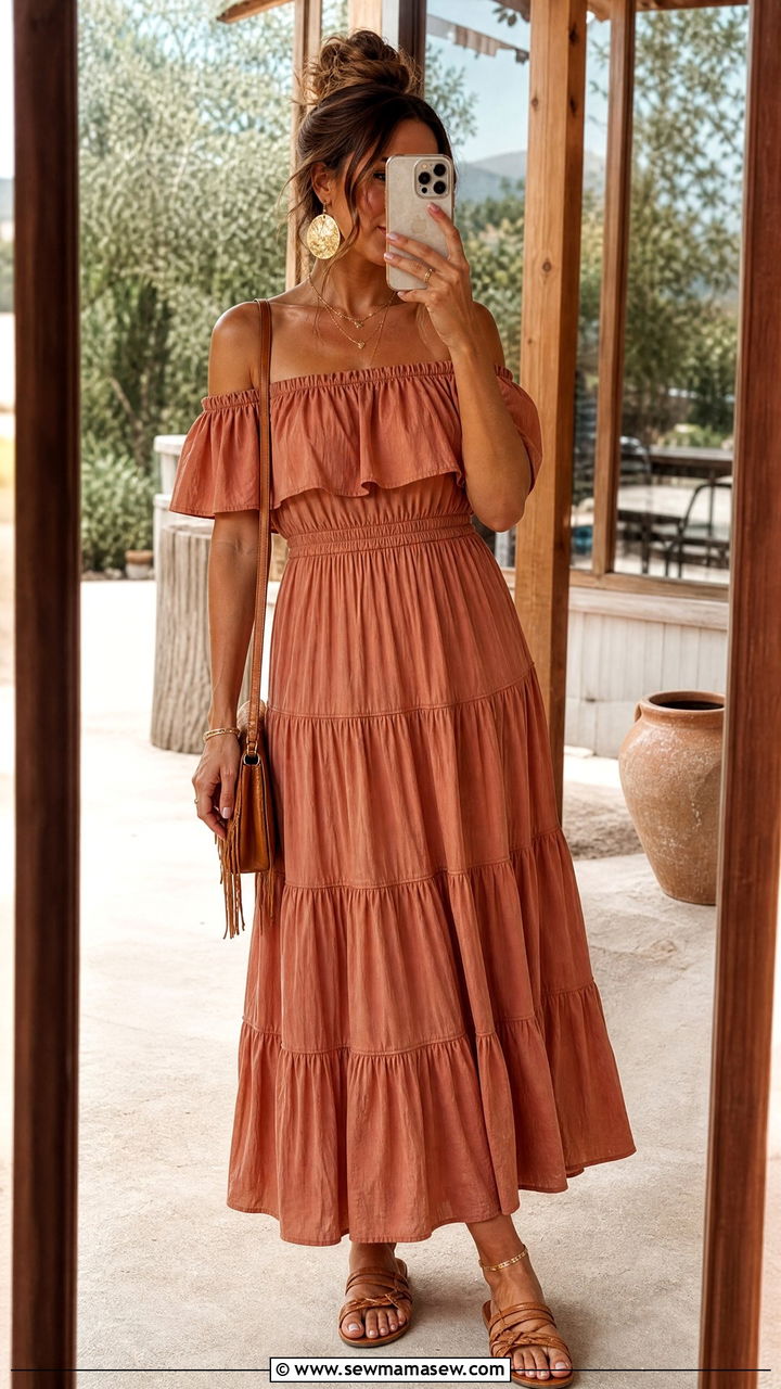 Tiered Off Shoulder Maxi Dress with Strappy Sandals - 30 Country concert outfit ideas summer
