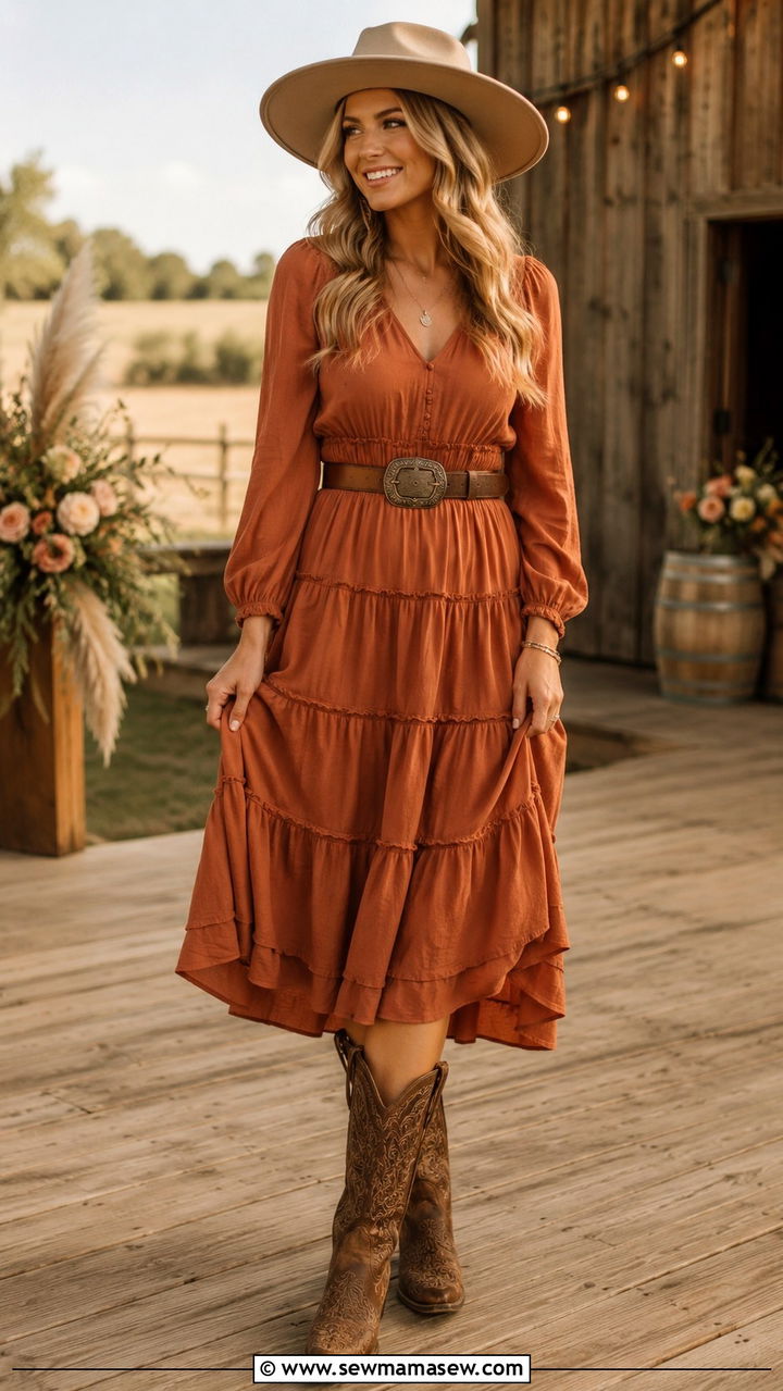 Tiered Prairie Dress With Cowboy Boots - 20 How to style cowboy boots for a wedding