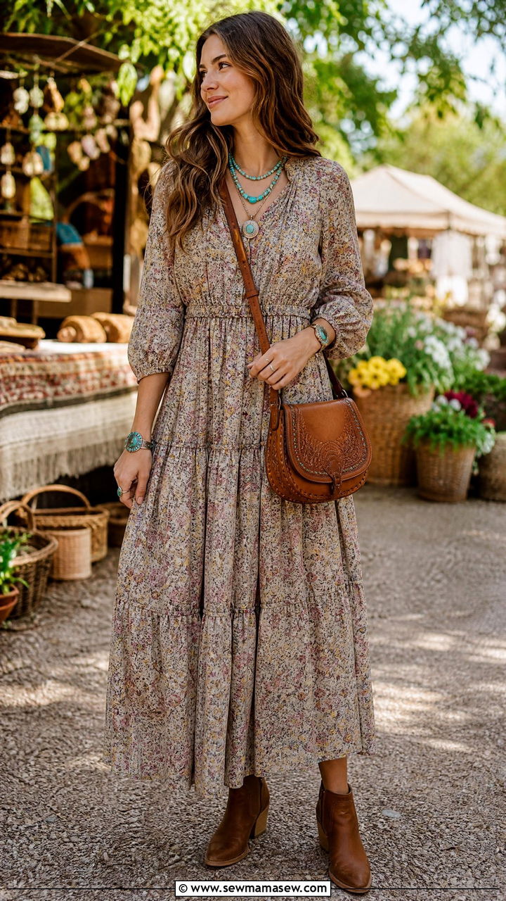 Tiered Prairie Maxi Dress With Boots Outfit - 30 summer maxi dress outfit ideas