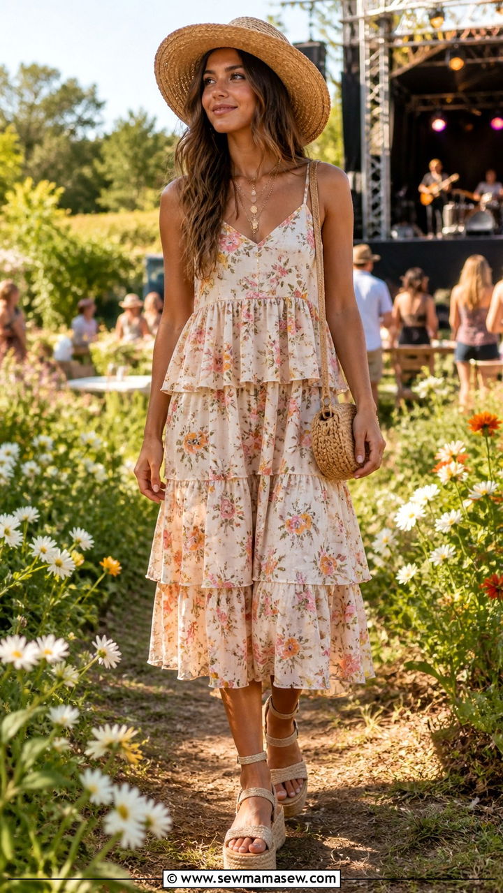 Tiered Ruffle Dress With Chunky Sandals - 40 Spring concert outfits