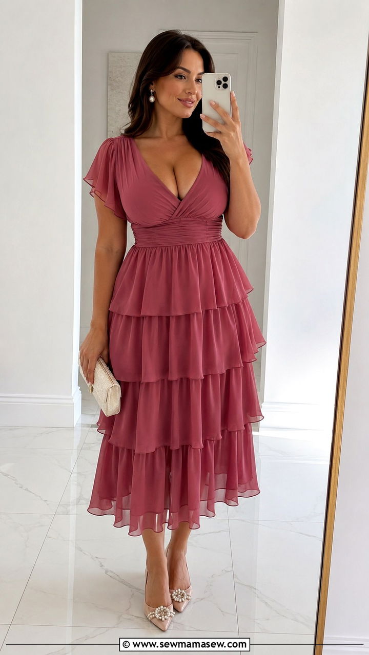 Tiered Ruffle Dress With Embellished Flats - 25 wedding guest outfits for women with big bust