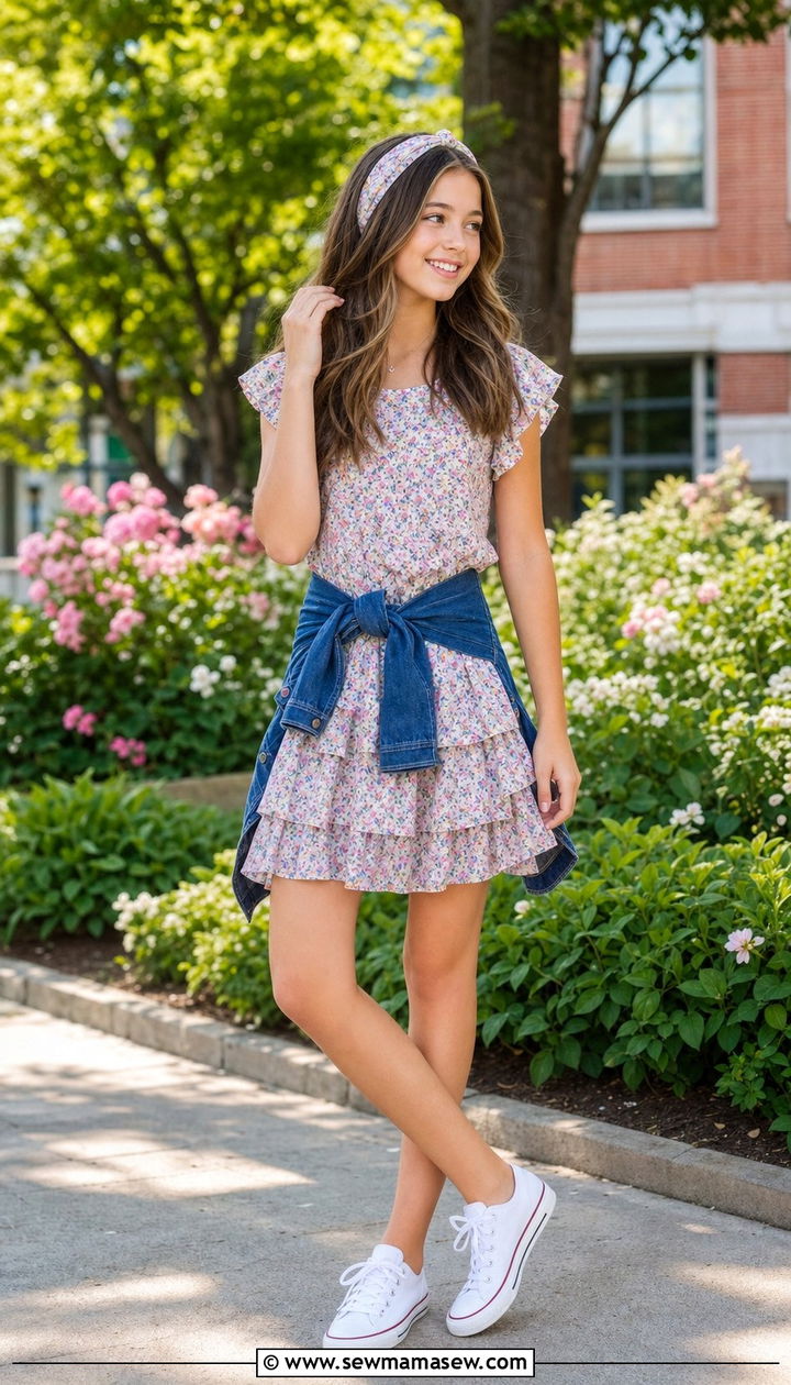 Tiered Ruffle Dress With White Canvas Sneakers - 35 Back to school outfit ideas 8th grade