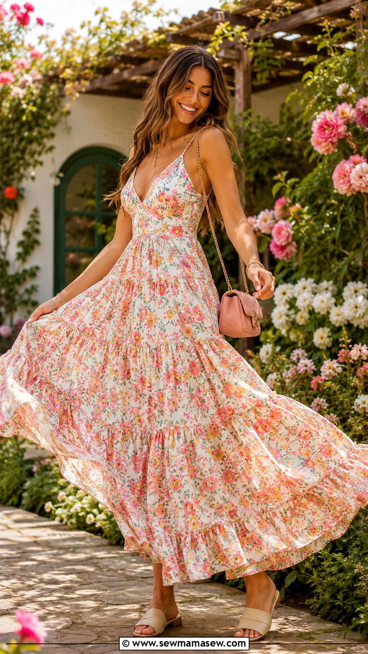 Tiered Ruffle Maxi Dress with Slide Sandals - 30 spring maxi dress outfit ideas