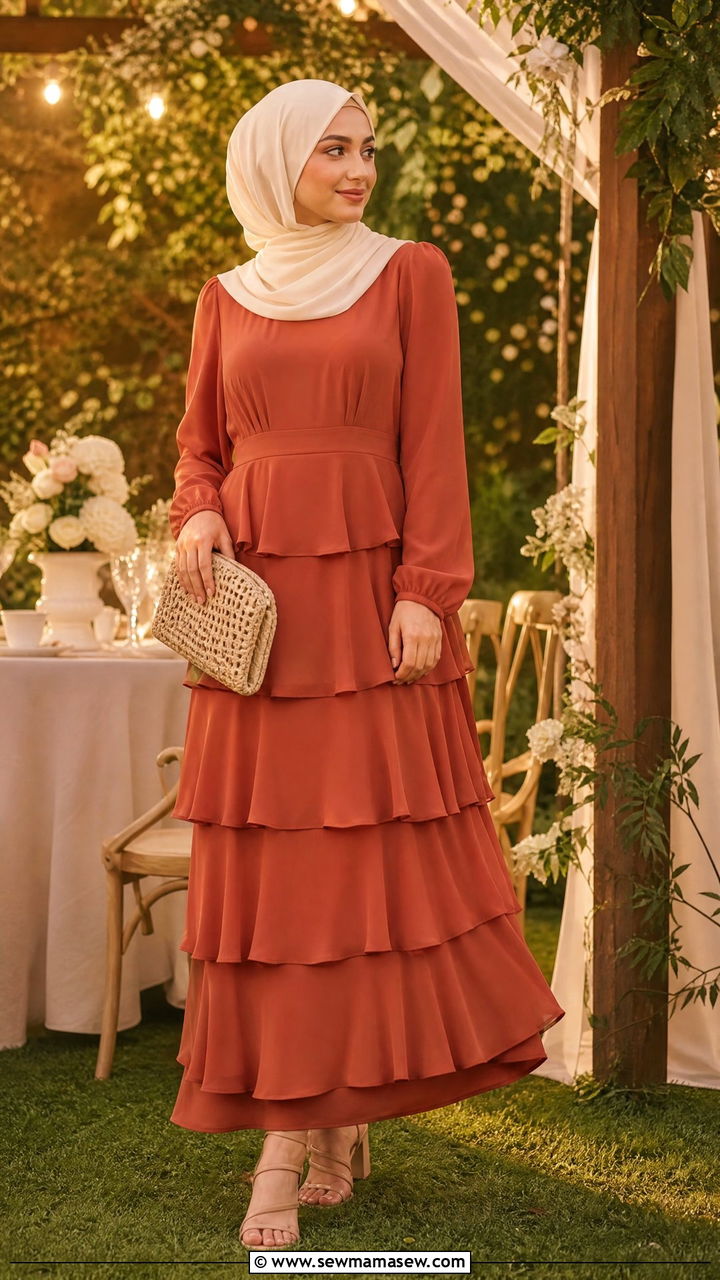 Tiered Ruffle Maxi Dress with Solid Silk Hijab - 30 Eid outfit ideas with hijab