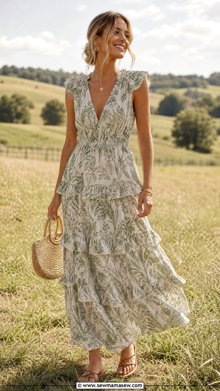 Tiered Ruffle Maxi Dress with Straw Bag and Flat Sandals - 25 Farm wedding guest outfit ideas