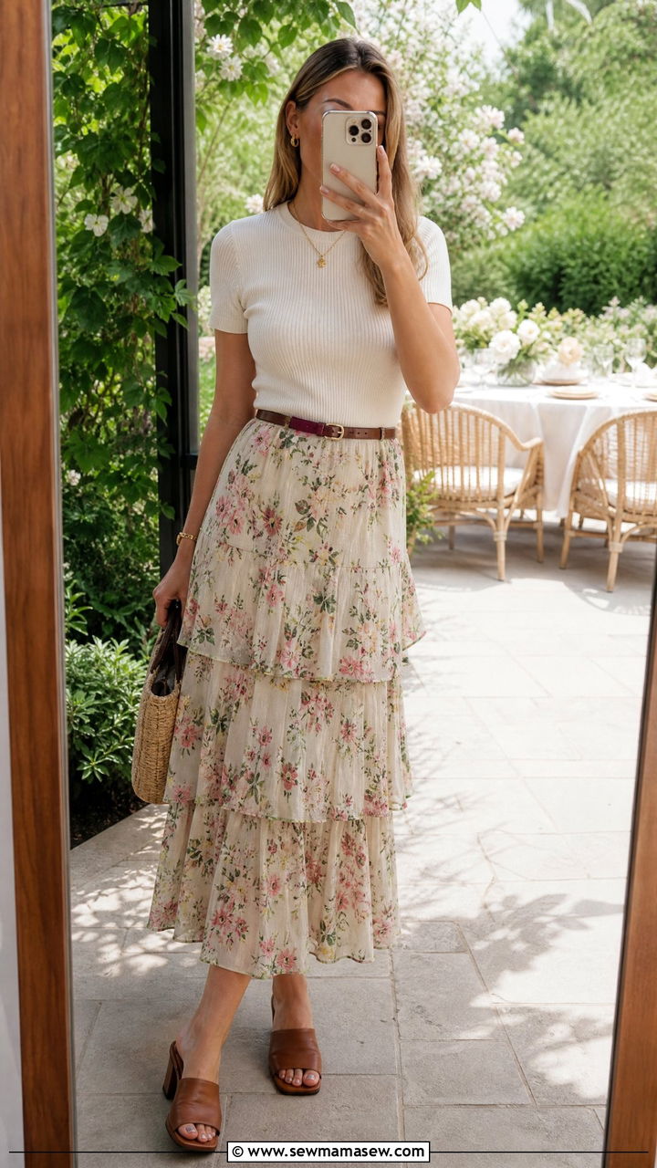 Tiered Ruffle Midi Skirt with Fitted Knit Top - 35 Garden party outfit ideas