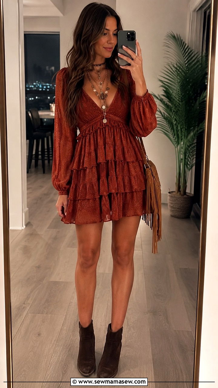Tiered Ruffle Mini Dress With Ankle Boots And Charm Layered Necklaces - 25 Boho outfit ideas with layered necklaces