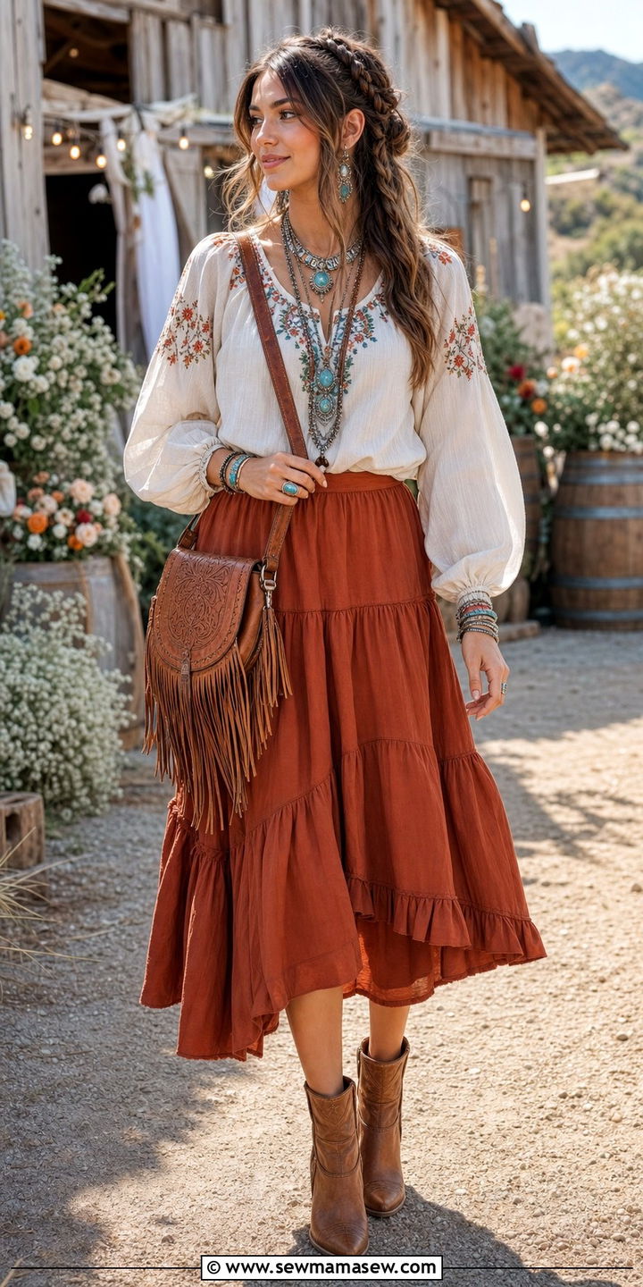 Tiered Skirt and Embroidered Blouse - 35 Boho wedding guest outfits