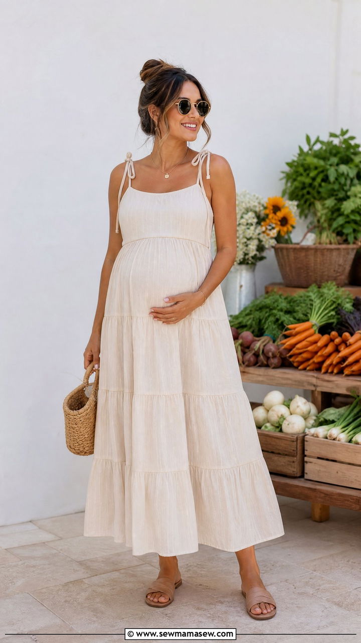 Tiered Sundress with Slide Sandals - 30 Summer outfit ideas for pregnant women