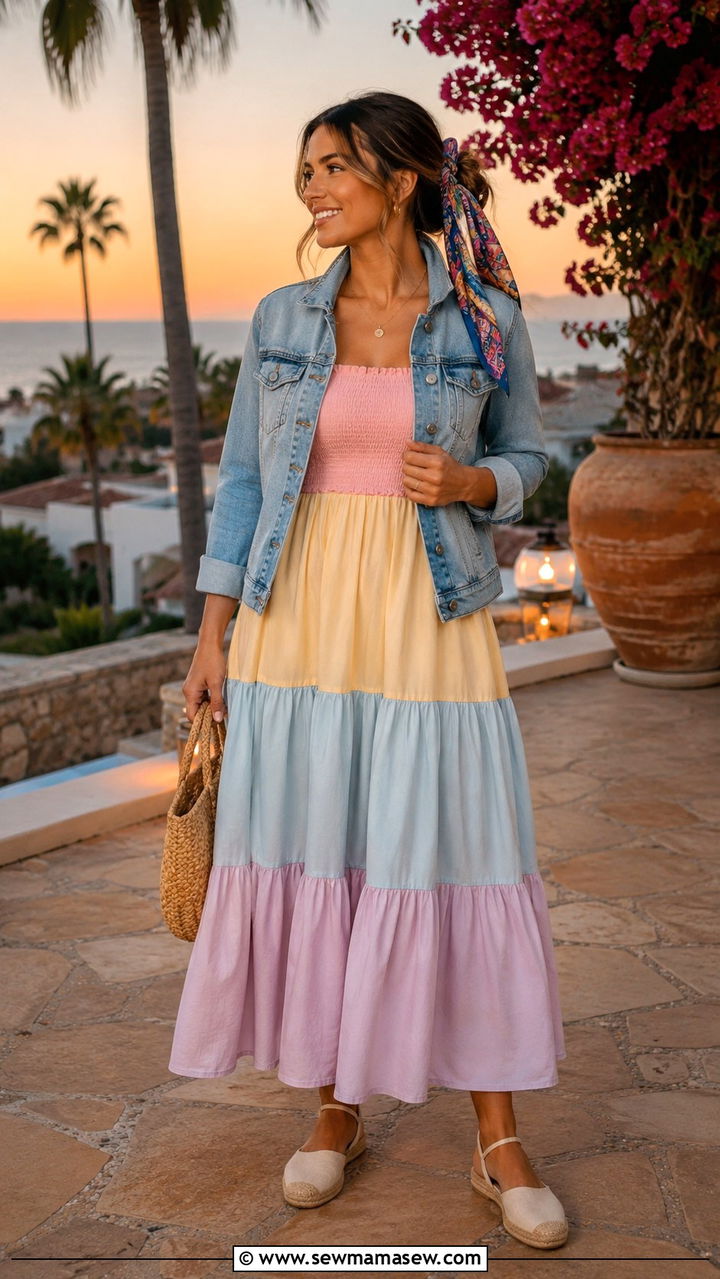 Tiered Sundress with a Light Denim Jacket - 30 casual resort outfits
