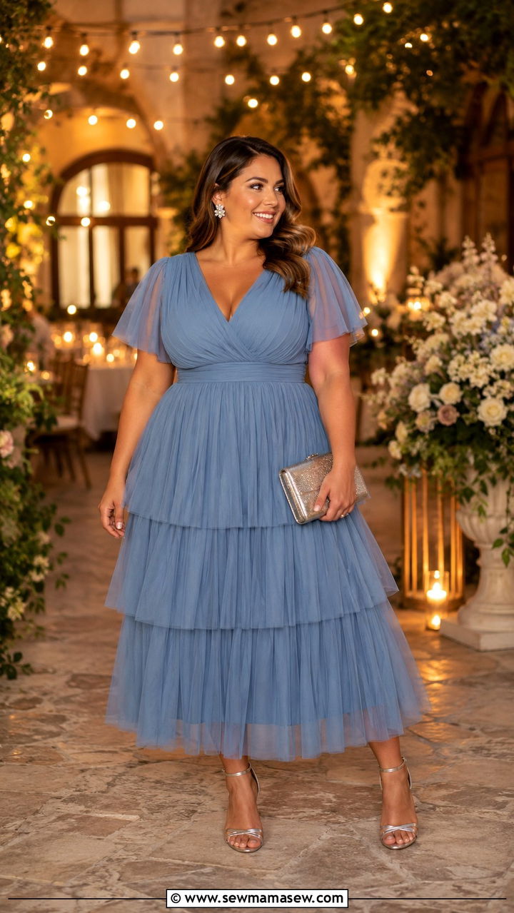 Tiered Tulle Midi Dress With Metallic Accessories - 30 plus size spring wedding guest outfit ideas