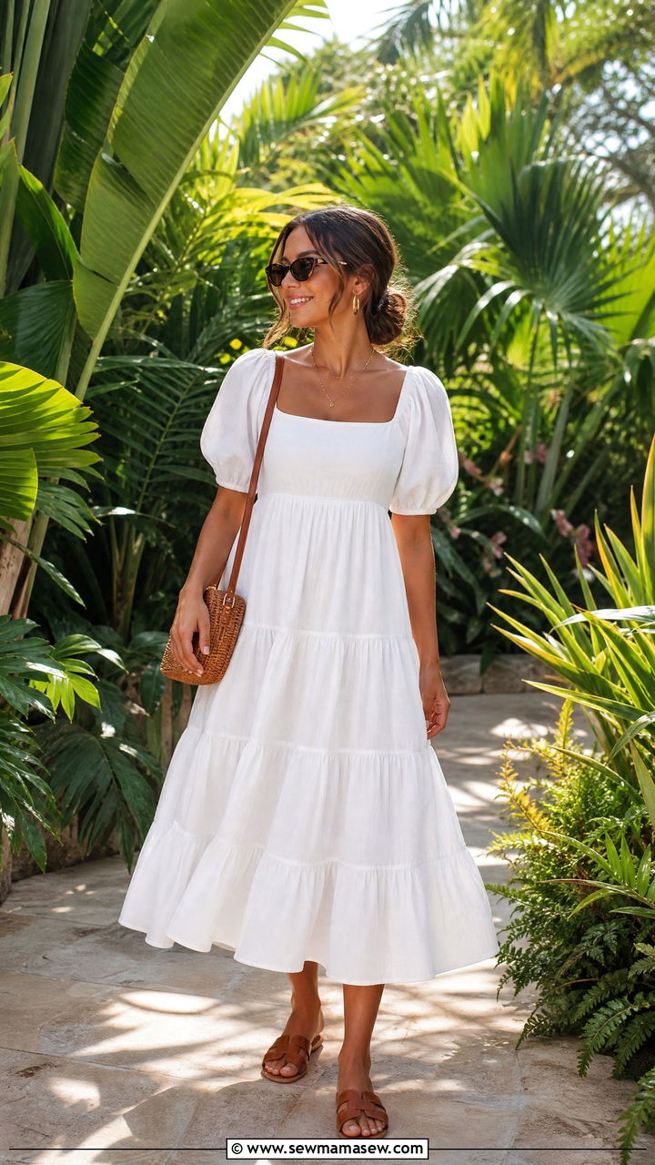 Tiered White Cotton Dress With Brown Leather Sandals - 40 What to wear in Turks and Caicos
