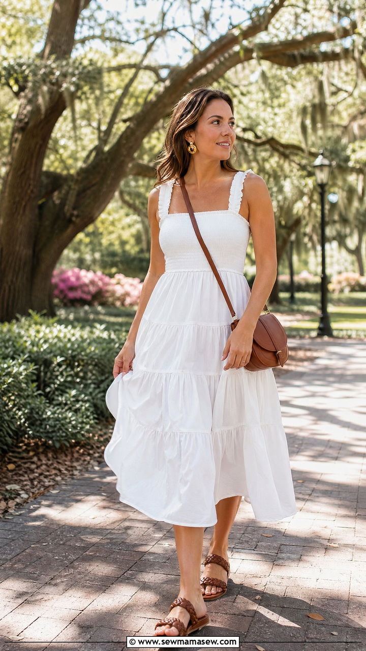 Tiered White Cotton Midi Dress With Braided Sandals - 35 Elegant summer outfits