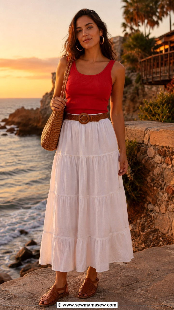 Tiered White Maxi Skirt With Red Tank Top - 30 Tomato girl summer outfits