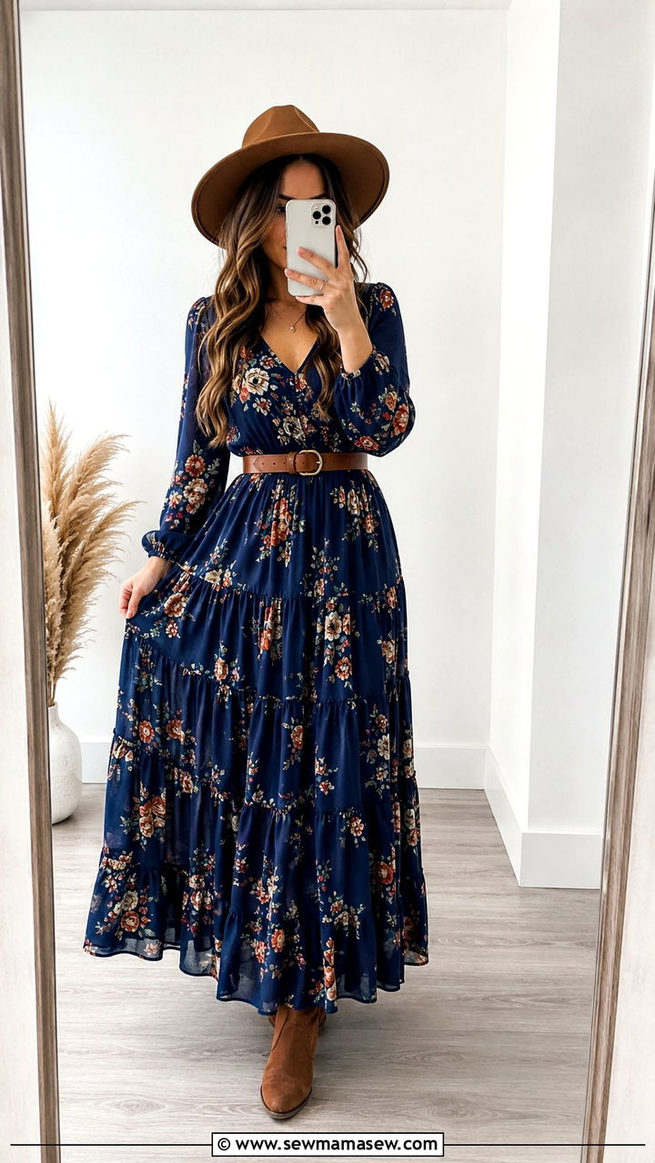 Tiered floral maxi dress with ankle boots - 30 spring cottagecore outfit ideas