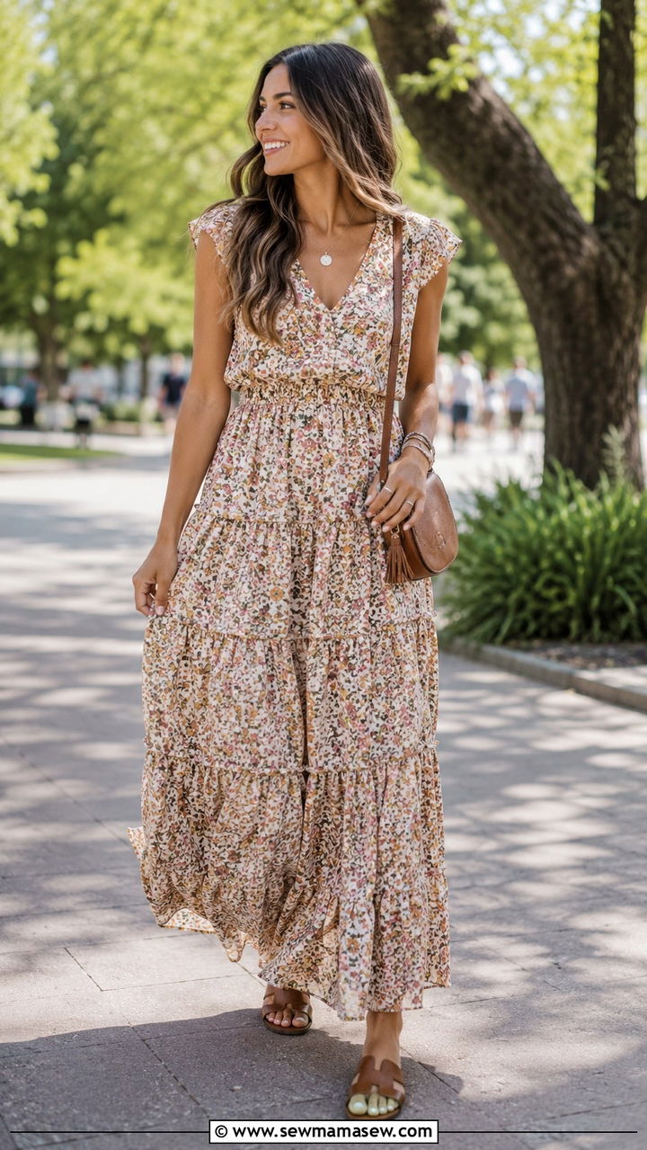 Tiered floral maxi dress with flat leather sandals - 30 modest summer concert outfit ideas