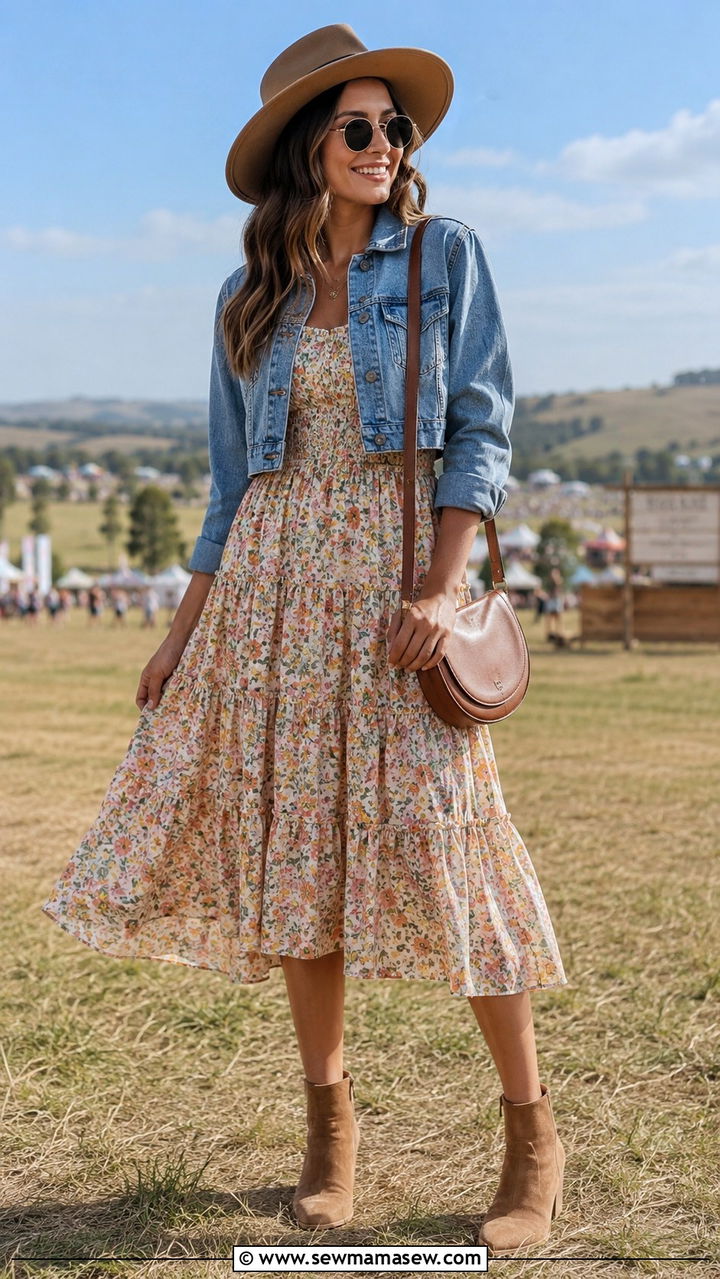 Tiered floral midi dress with denim jacket and ankle boots - 30 Spring outfits with midi dresses
