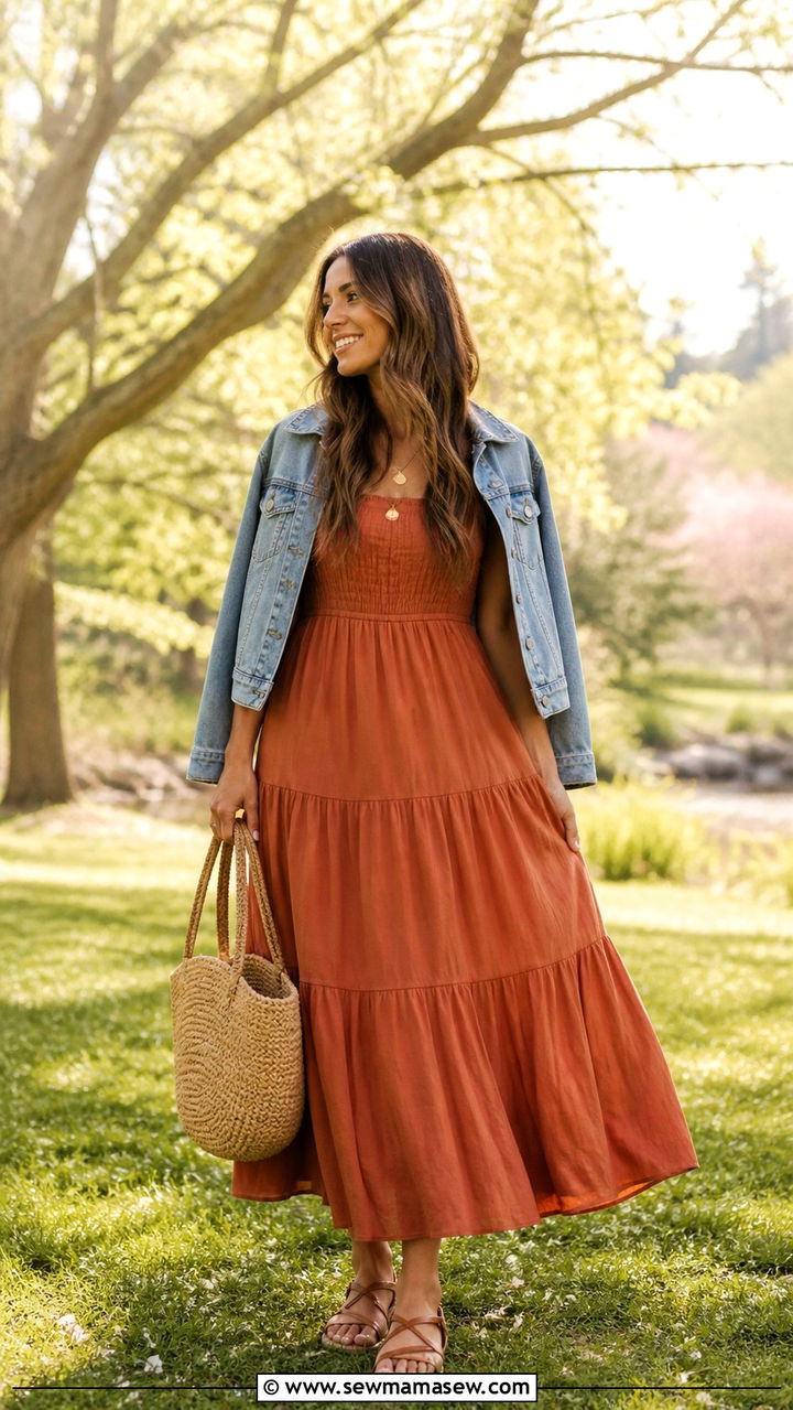 Tiered maxi dress and denim jacket spring outfit - 40 Casual spring outfits