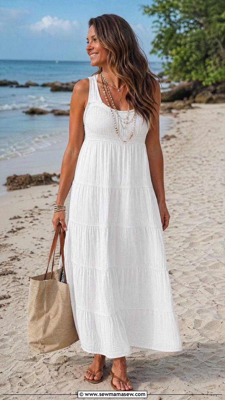 Tiered maxi dress and flip flops for beach day - 35 Family vacation outfit ideas