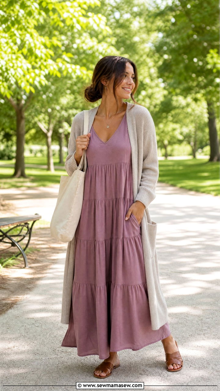 Tiered maxi dress and open front cardigan - 30 Maxi dress outfit ideas with a cardigan
