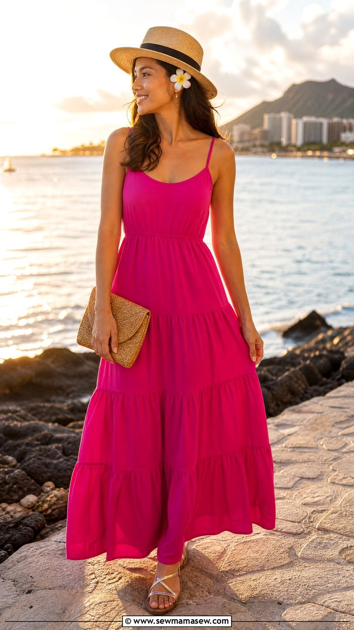 Tiered maxi dress and straw fedora hat Honolulu outfit - 25 Honolulu outfit ideas