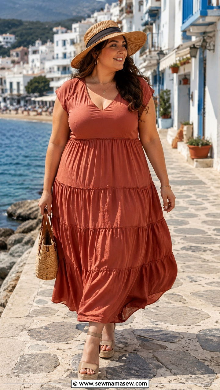 Tiered maxi dress and wedge sandals outfit - 20 Plus size outfit ideas size 16