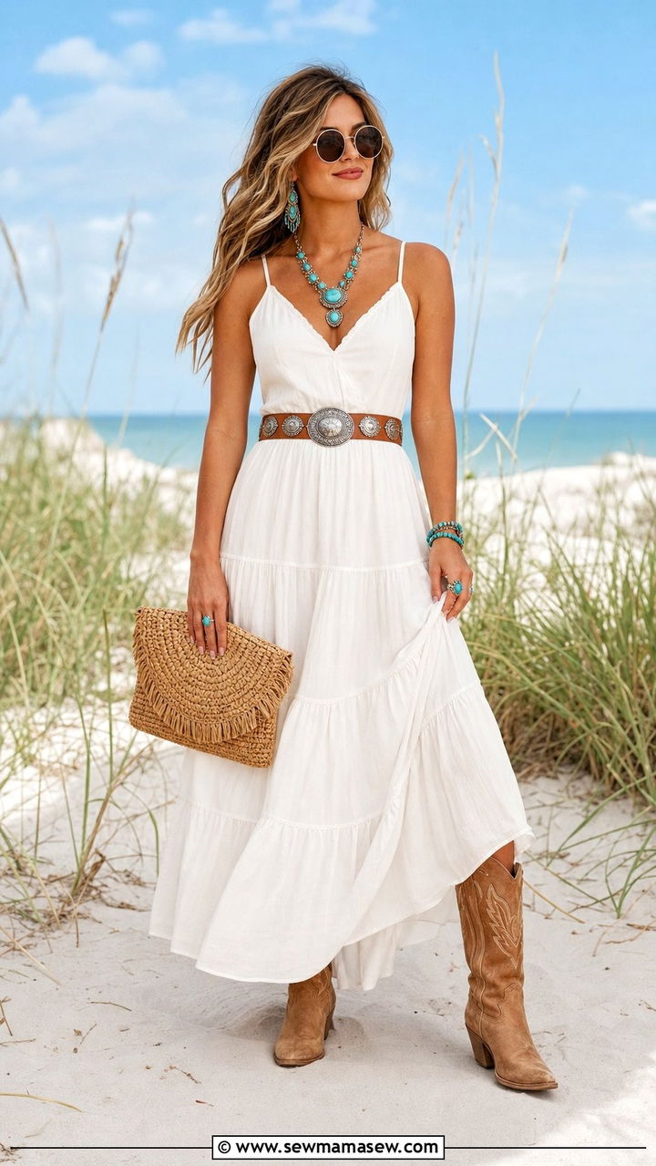 Tiered maxi dress and western belt - 25 spring coastal cowgirl outfit ideas