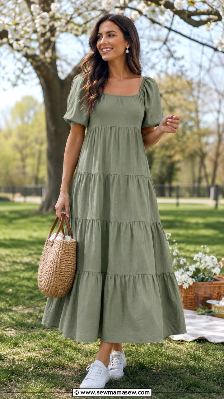 Tiered maxi dress with canvas sneakers - 30 Maxi dress with sneakers outfit ideas