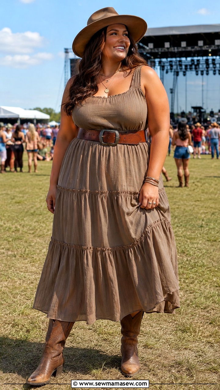 Tiered maxi dress with cowboy boots - 30 plus size country concert outfit ideas