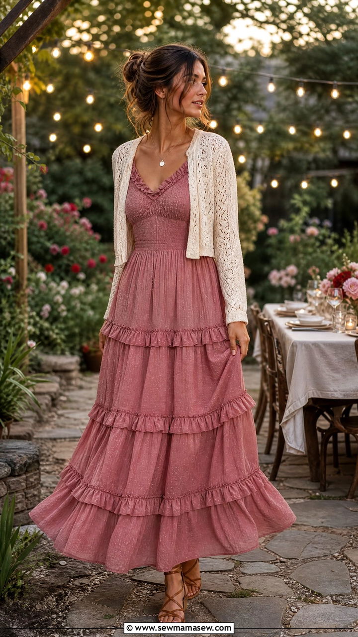Tiered maxi dress with cropped cardigan - 25 classy cottagecore outfit ideas