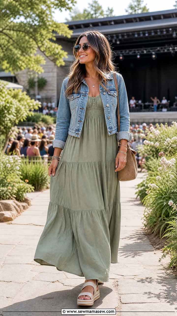 Tiered maxi dress with cropped jacket - 30 Music teacher outfit ideas