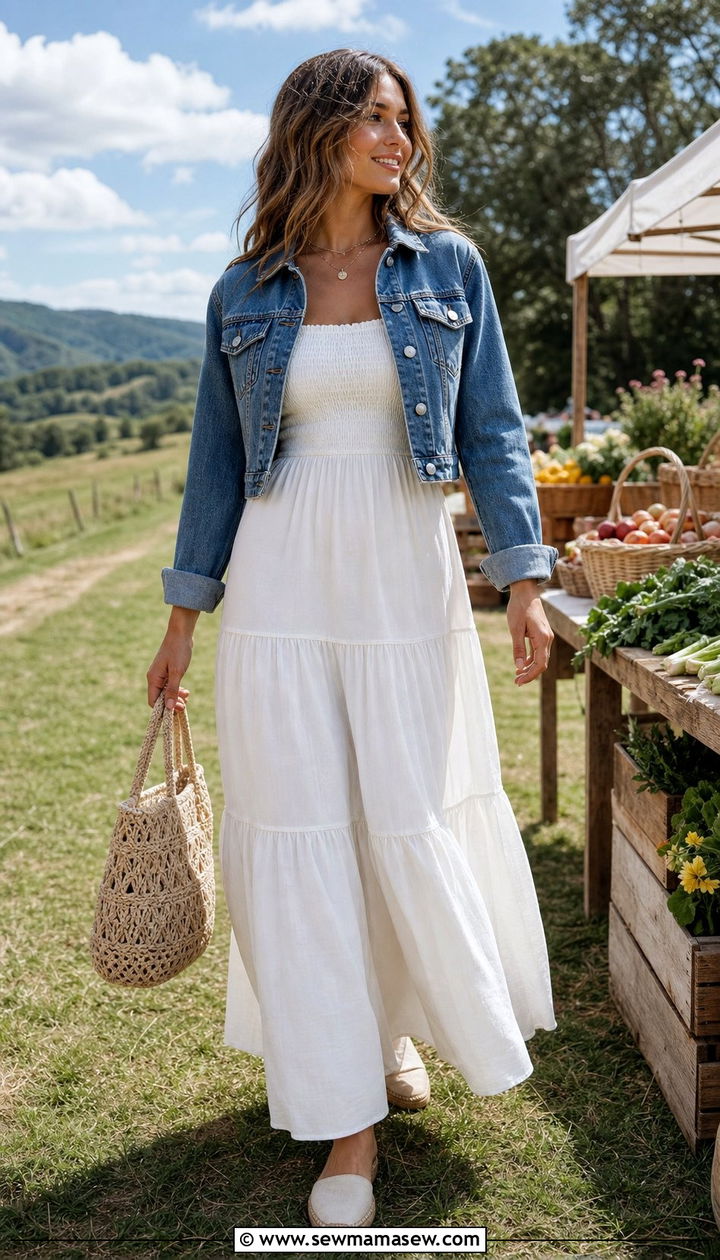 Tiered maxi dress with denim jacket outfit - 25 Spring outfits for big bust