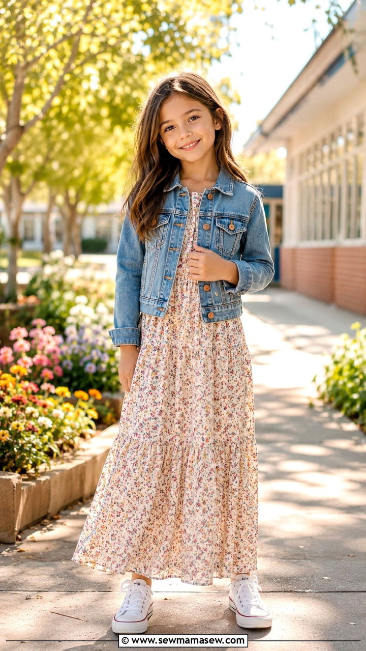 Tiered maxi dress with denim jacket outfit - 30 Kids back to school outfit ideas
