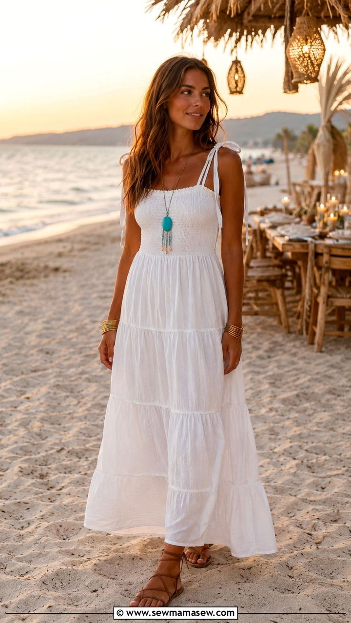 Tiered maxi dress with flat gladiator sandals outfit - 30 Small ship cruise outfit ideas