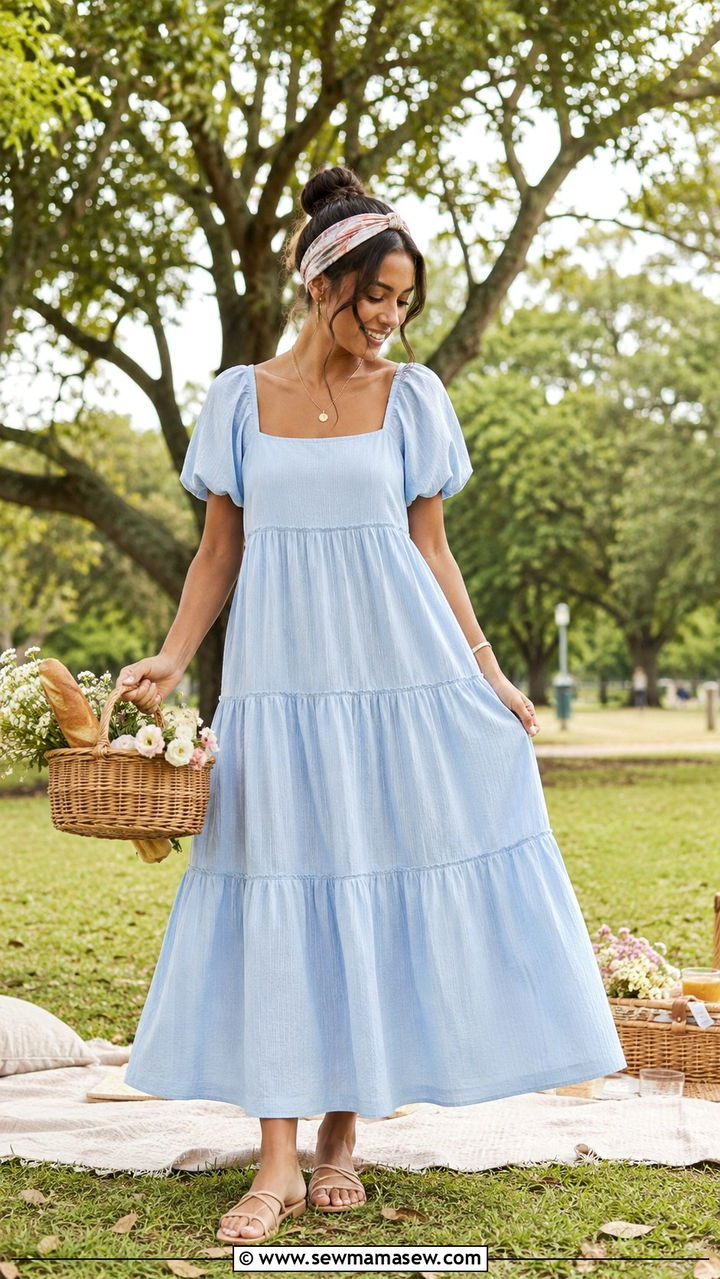 Tiered maxi dress with flat sandals outfit - 30 Maxi dress with sandals outfit ideas