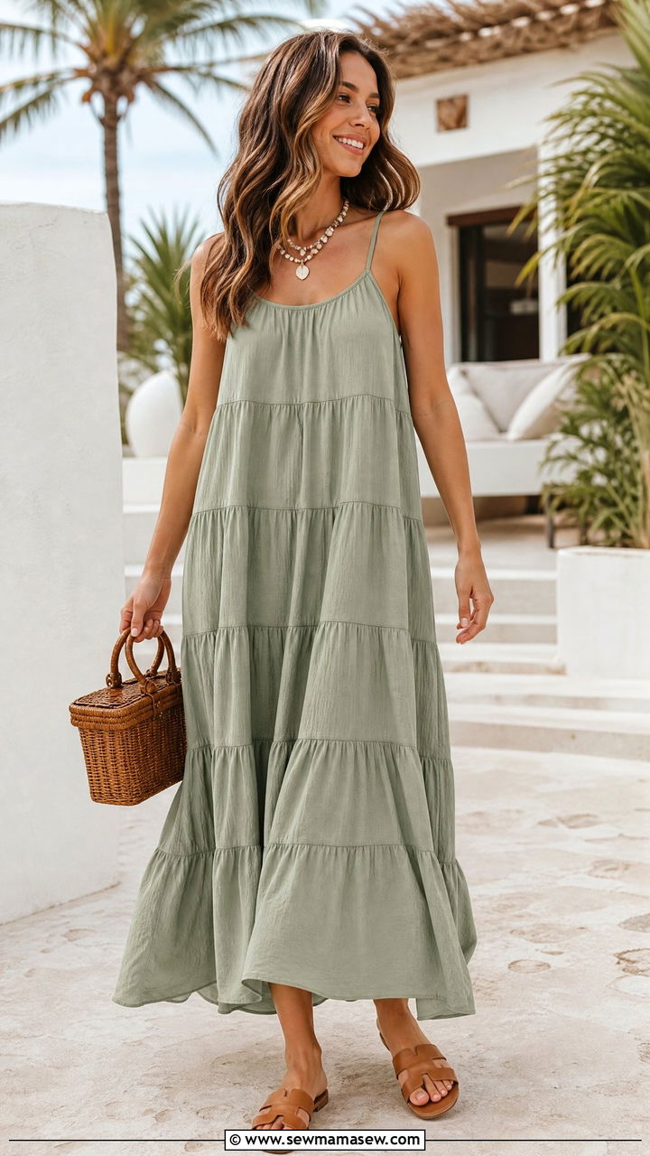 Tiered maxi dress with flat slide sandals - 30 summer outfits with flat sandals