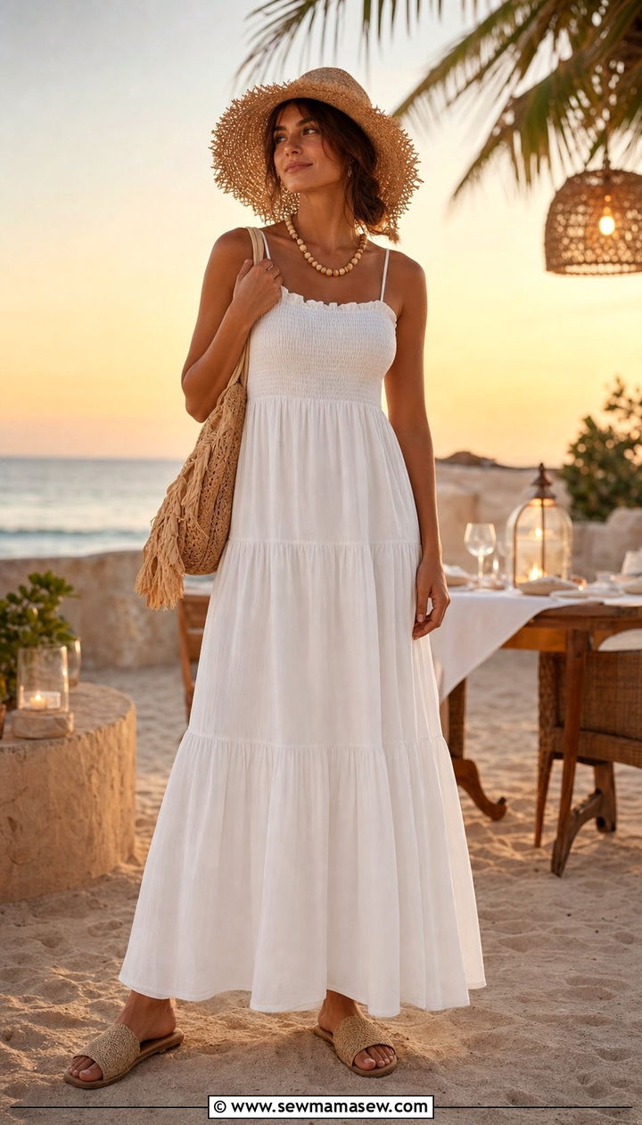 Tiered maxi dress with flat woven sandals - 25 summer outfits for rectangle body shape