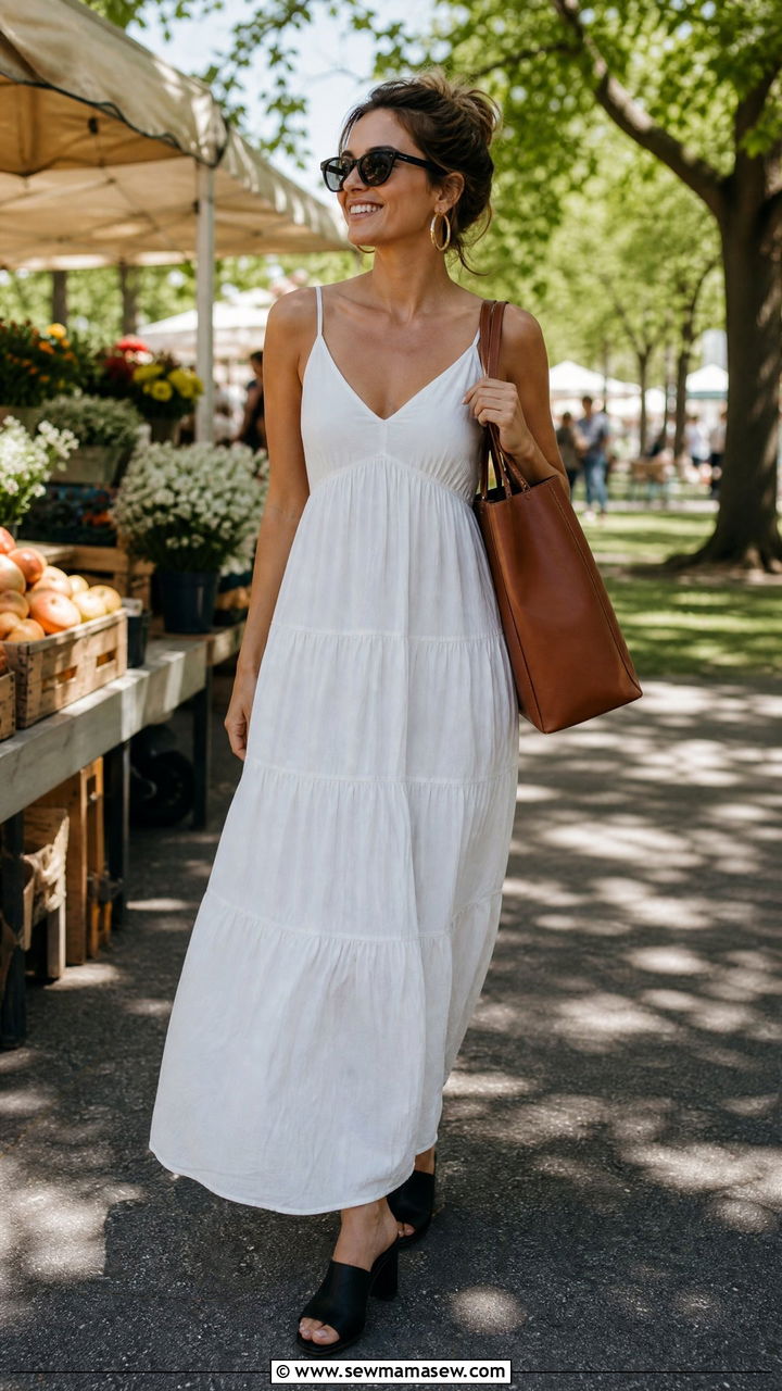 Tiered maxi dress with heeled mules - 30 Maxi dress outfit ideas with heels