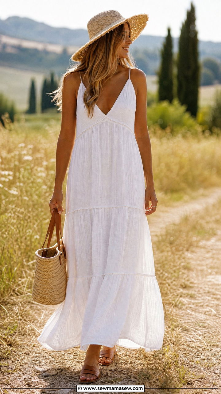 Tiered maxi dress with straw hat - 30 Honeymoon outfit ideas