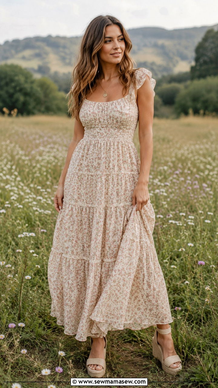 Tiered maxi dress with wedge espadrilles outfit - 30 Spring outfits to hide belly fat