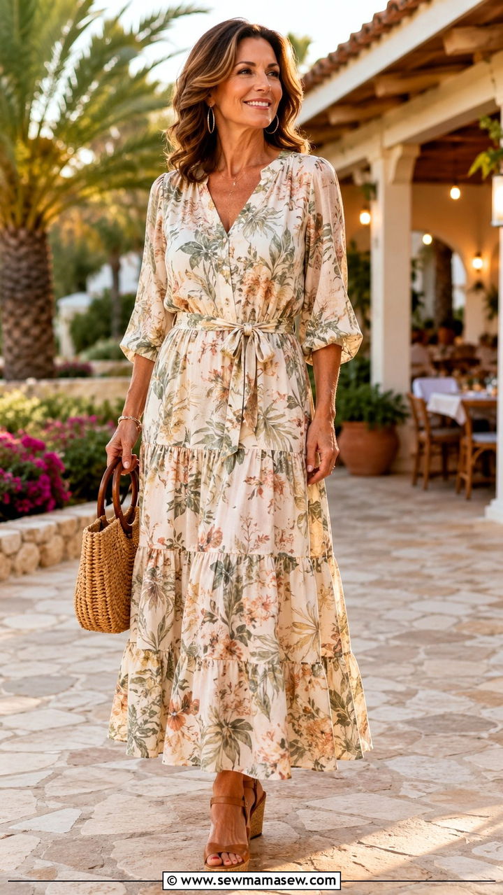 Tiered maxi dress with wedge sandals - 30 Dress outfit ideas for women over 40