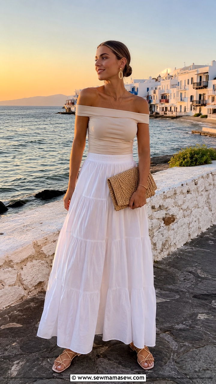 Tiered maxi skirt and off shoulder top outfit - 30 spring to summer outfits casual