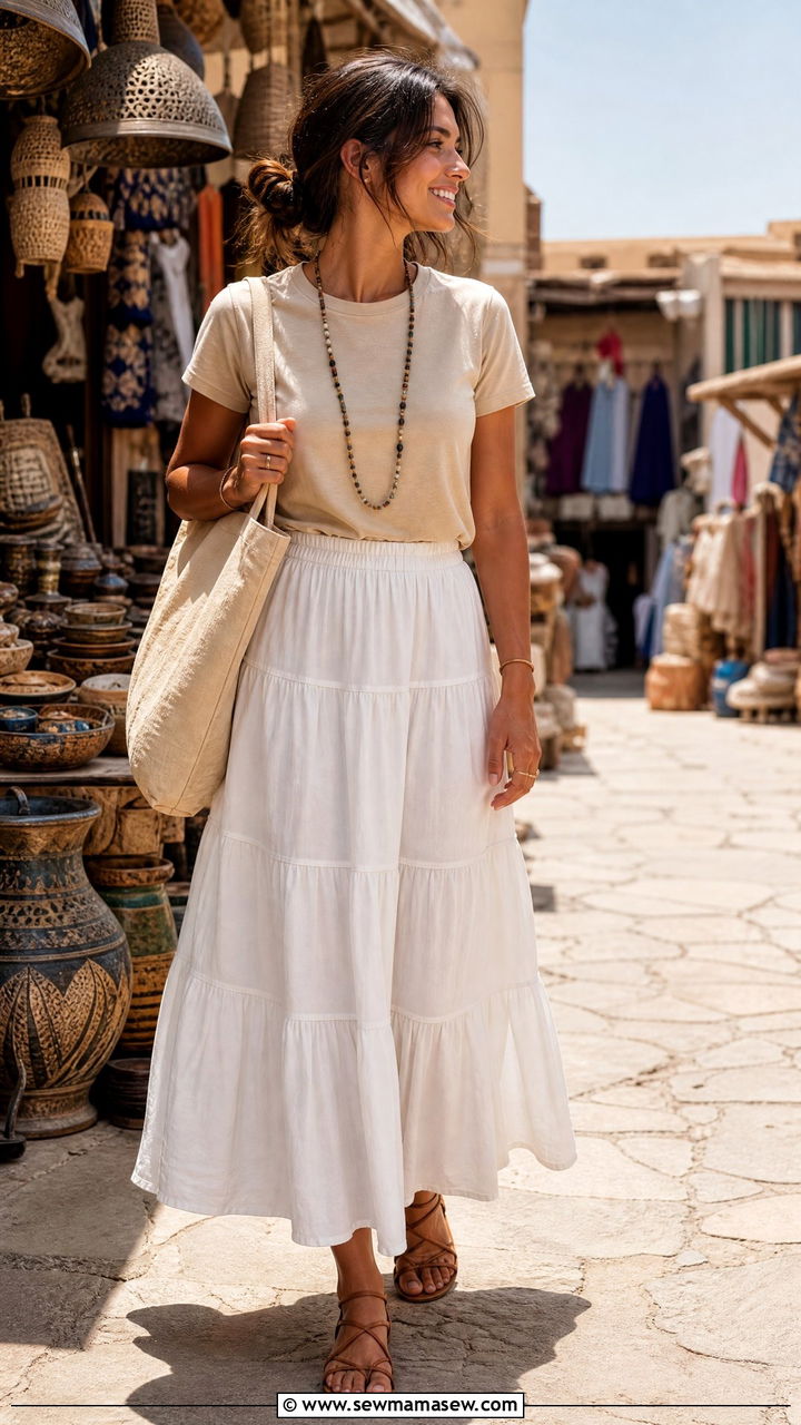 Tiered maxi skirt and tee Egypt - 30 Egypt vacation outfit ideas modest