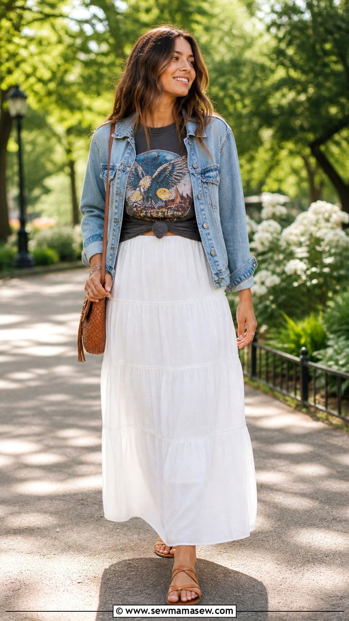 Tiered maxi skirt with a graphic tee and a denim jacket - 40 spring casual outfit ideas