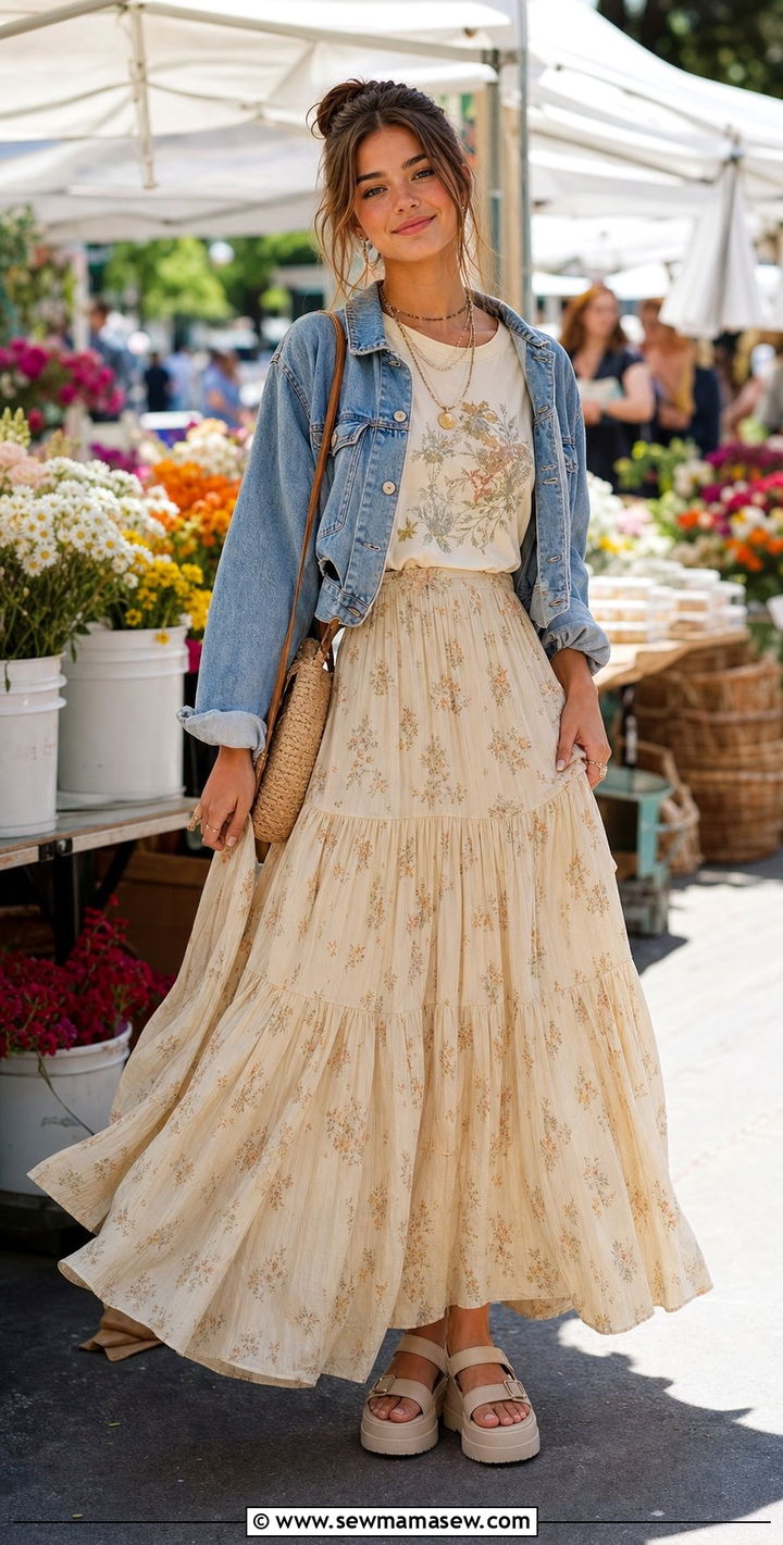 Tiered maxi skirt with a graphic tee - 25 Cute outfits for 17 year olds