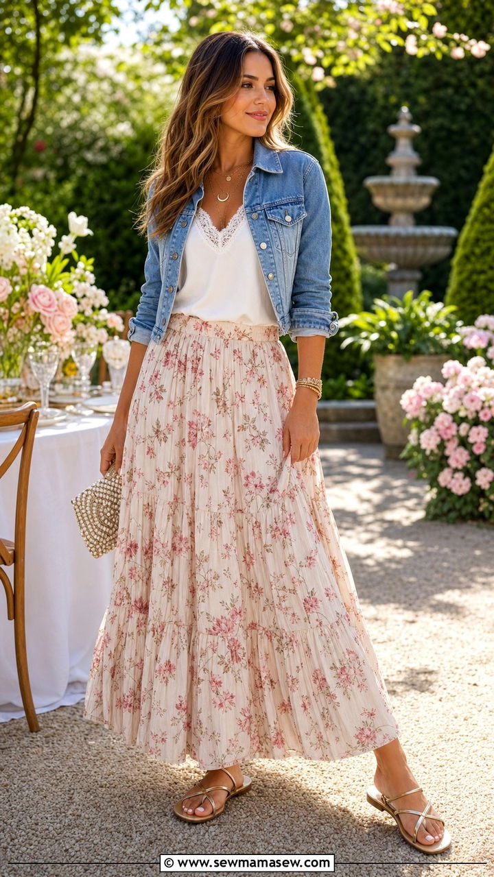 Tiered maxi skirt with a lace trimmed cami - 25 Empty nester outfit ideas