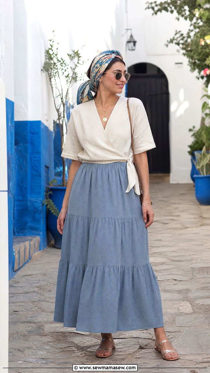 Tiered maxi skirt with a linen wrap top - 25 Rabat outfit ideas